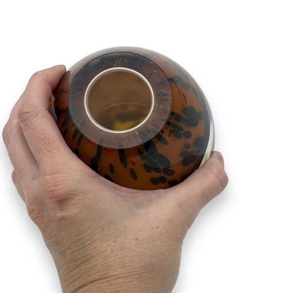 Hand Blown Poland ART GLASS Candle Holder Tea Light Brown Black Spots Large - Picture 8 of 8